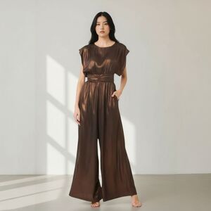 Misa Los Angeles Sophia Jumpsuit Metallic Bronze Pleated Wide Leg V-Neck